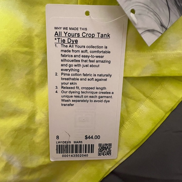 NWT Lululemon Women’s Size 8 All Yours Crop Tank Tie Dye MAR5 - Picture 6 of 7